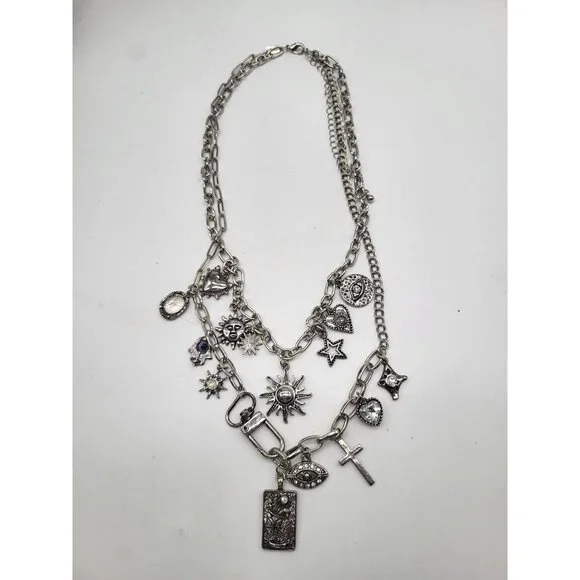Silver Tone Charm Necklace Tarot Sun Evil Eye Hamsa Hand Cross Hearts Stars Goth - Picture 2 of 10